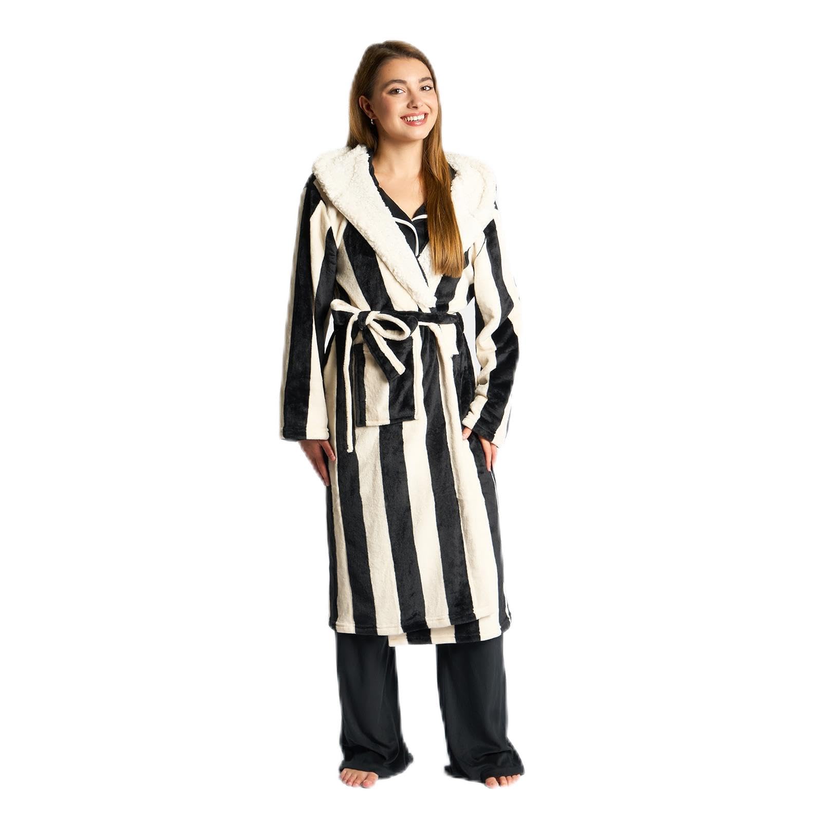 Sienna Women's Mono - Stripe Mens Dressing Gowns Stripe, Gifts For Men Super Soft Warm Flannel Fleece Dressing Gown With Hood & Pockets Fluffy Sherpa Lined Luxury Oversized Bathrobe, Monochrome