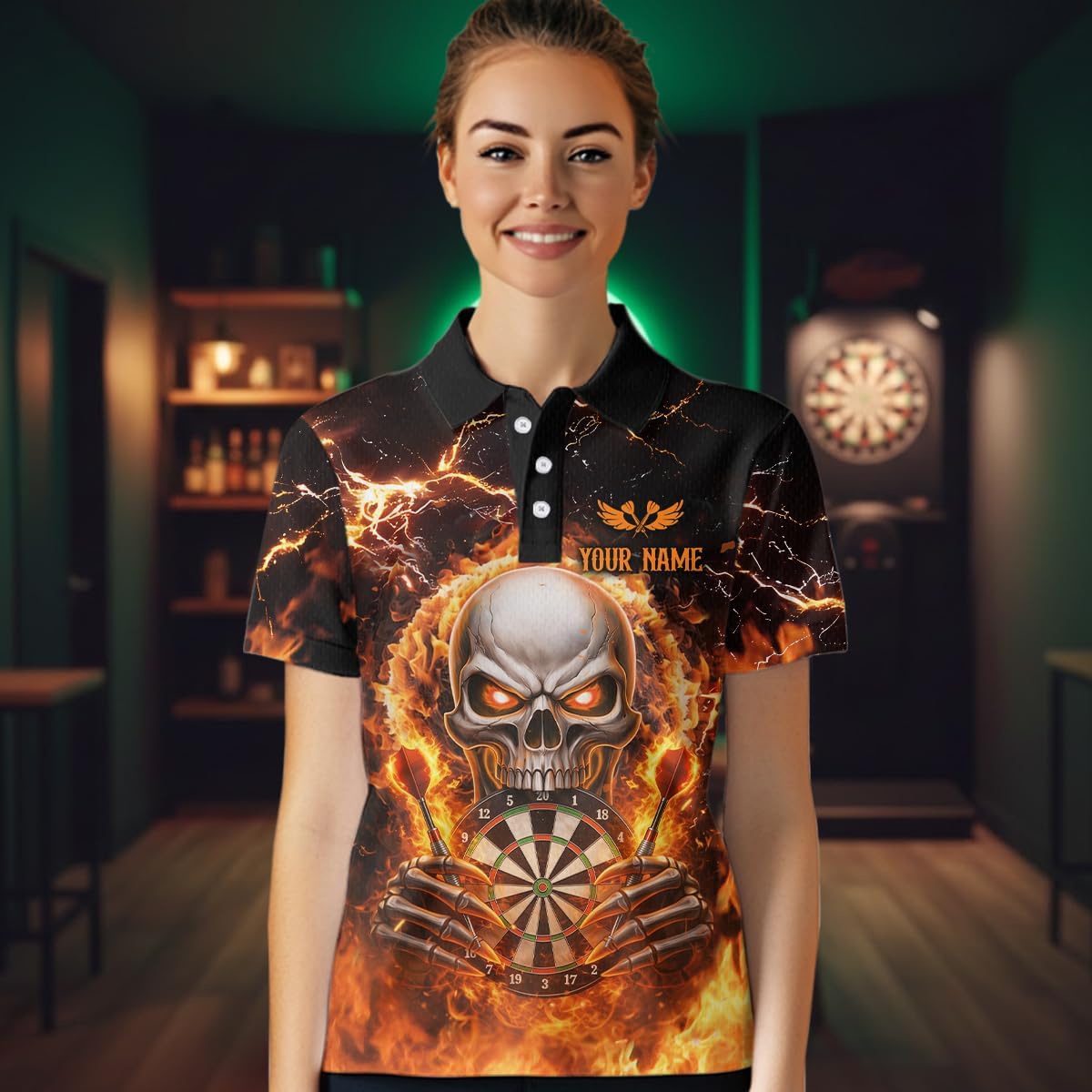 Flaming Skull Dart Shirt for Team Men Women Custom Dart Shirts Skull Dart Jersey Dartboard Shirt Polo and Quarter Zip Shirt