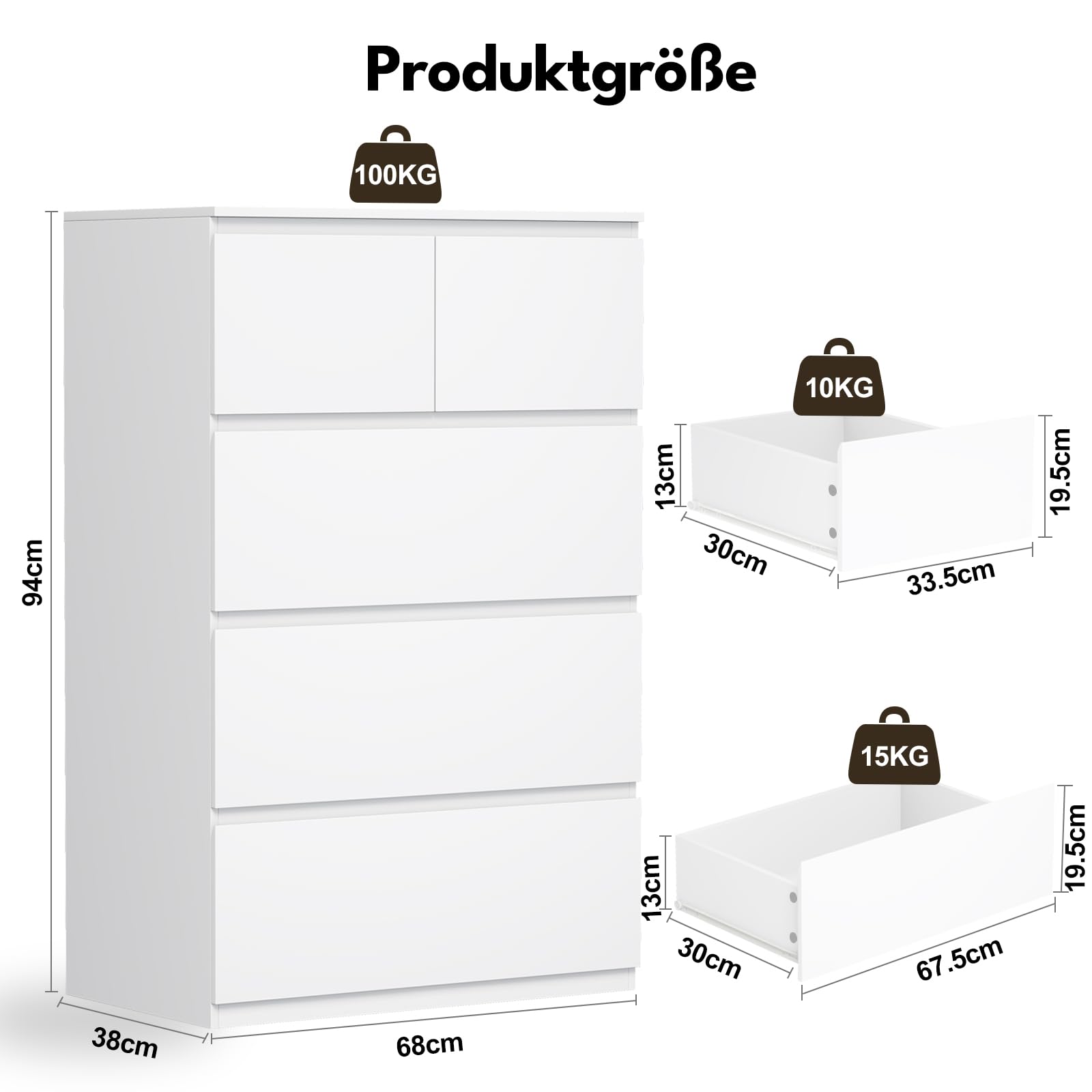 BEWISHOME Kommode mit 5 Schubladen,Kommode weiß,Kommoden & Sideboards,Schubladenschrank,Komodenschrank für Schlafzimmer,Wohnzimmer,Flur,68x38x94 cm EKCG07W