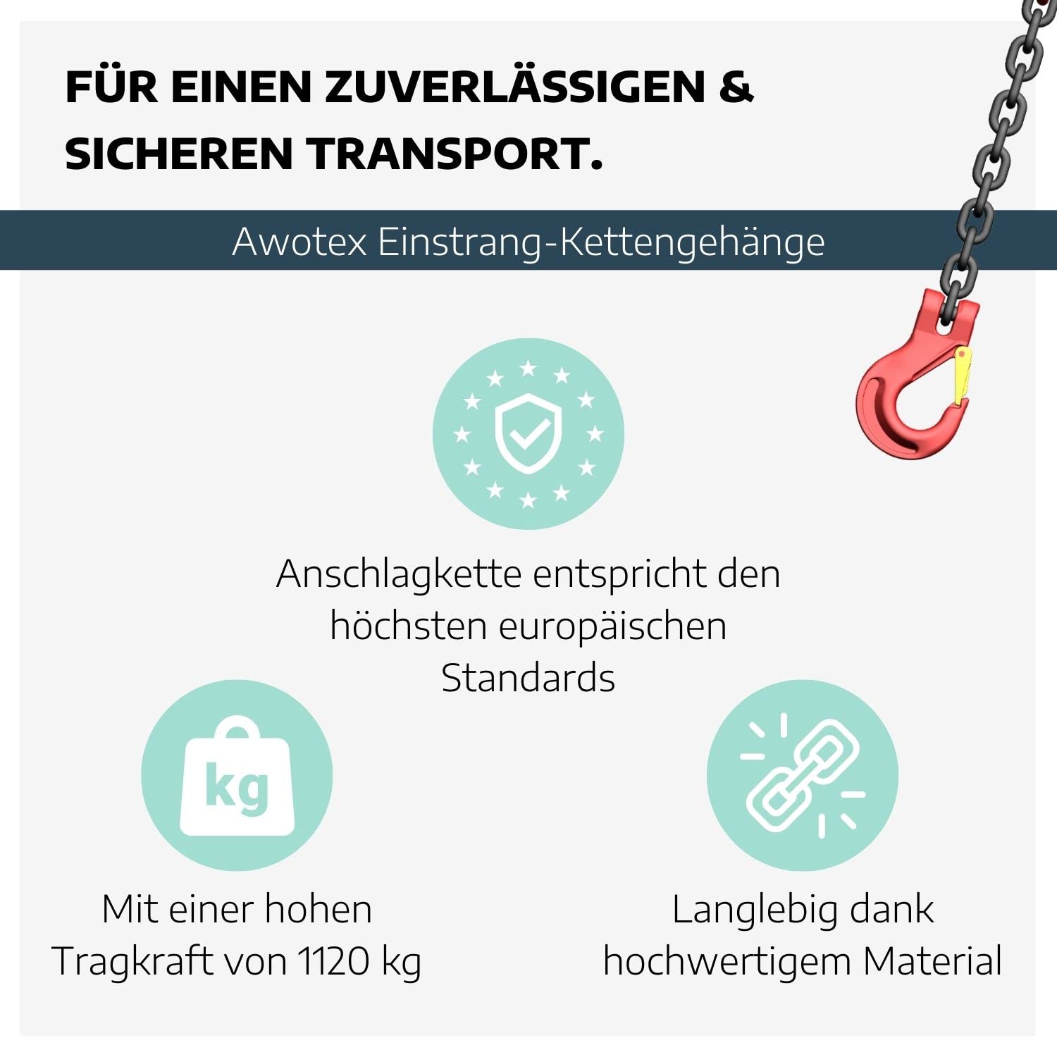 Einstrang-Kettengehänge 6 mm GK 8 I 1 m Lange Anschlagkette für die Baustelle I Bagger-Zubehör I Traglast 1120kg nach EN818-4 I Kettengehänge 1-Strang I Baustellen Werkzeug