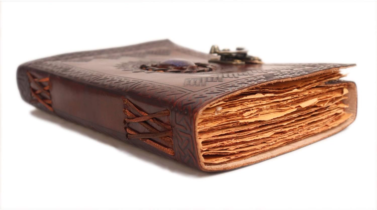 AzureGreen Vintage Leather Journal with Semi Precious Stone - Lock Closure, 240 pages Antique Deckle Edge Paper - Book of Shadows, Grimoire Journal, Witch Journal for Men and Women - 7" x 5"