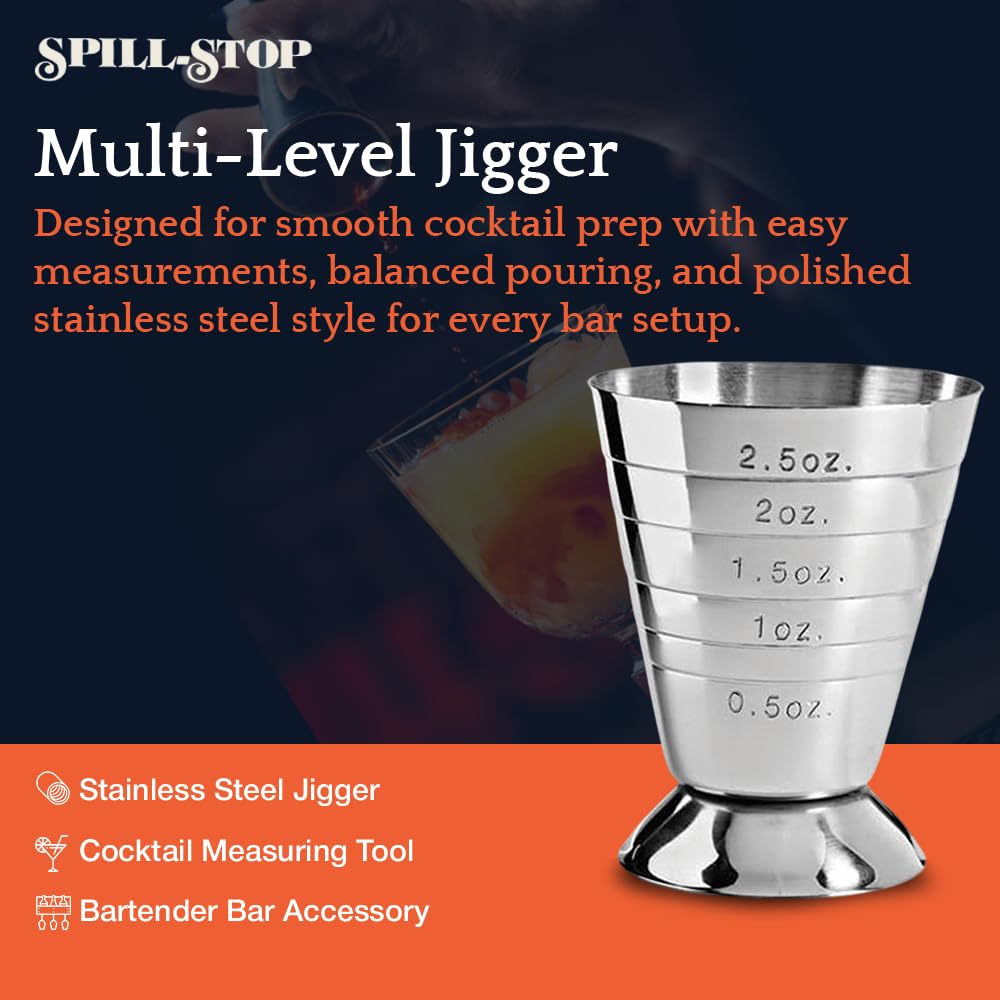 Spill-Stop 100-20 Multi-Level Jigger, Stainless Steel Shot Measurer, 1/2 oz. to 2-1/2 oz. Capacity, External Markings for Easy Measuring, Footed Base for Stability, Polished Finish — Amazon image 2
