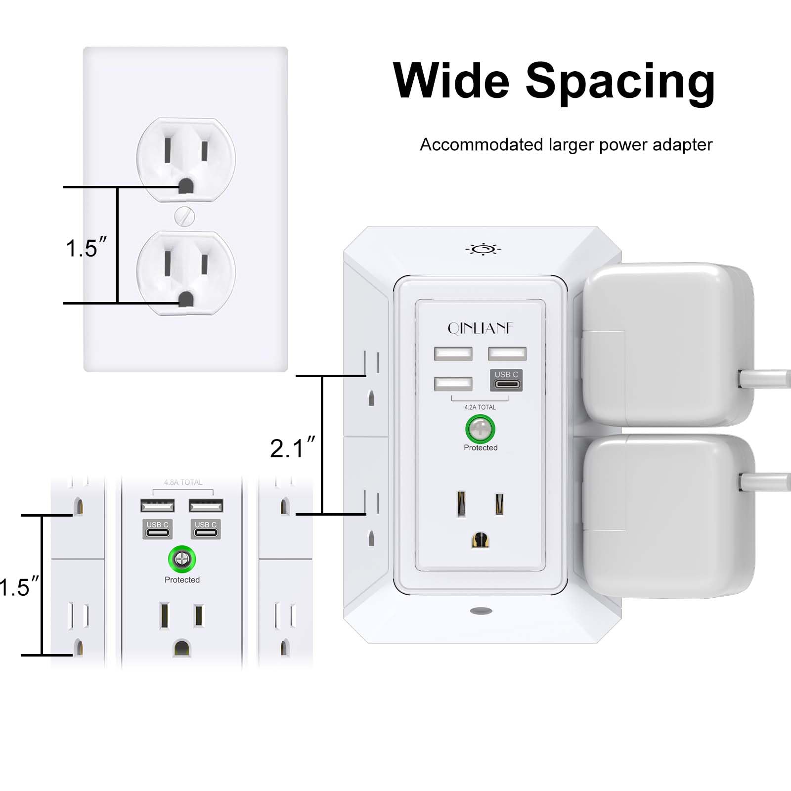 QINLIANF - Regleta de protección contra sobretensiones de 3 lados, enchufe múltiple con 5 extensores de salida y 4 puertos USB (1 USB-C) y luz nocturna, cargador de pared USB para el hogar, oficina