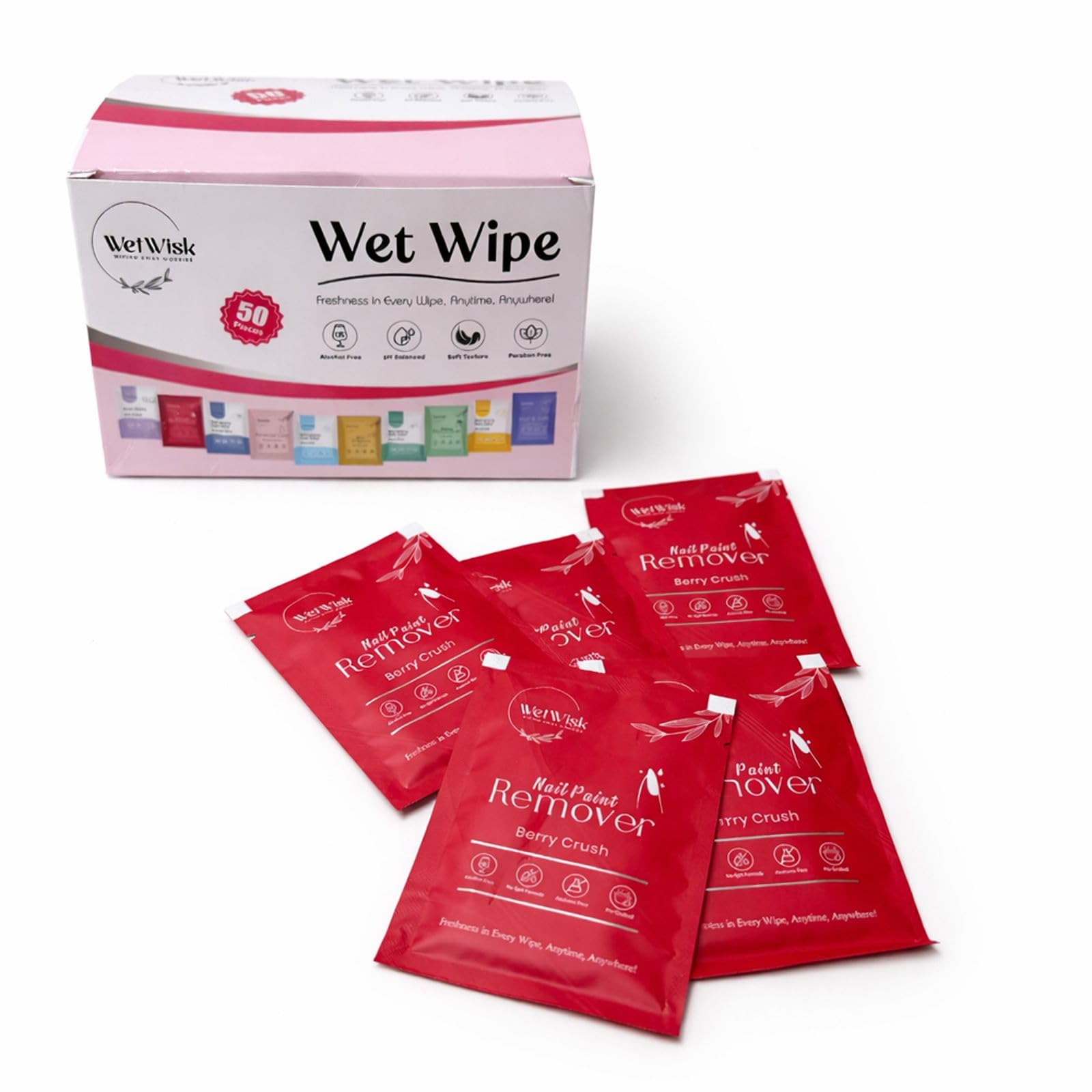 WETWISK Nail Paint Remover Wipes Combo Pack – Berry Crush Nail Polish Remover Pads with Travel Sachets & Bulk Box, Quick Clean, Acetone-Free & Gentle on Nails-image-39