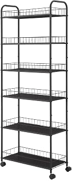 6-Tier Storage Cart Wire Slim Shelving Shelf with Wheels for Small Spaces, Rolling Tall Organizer Storage for Bathroom, Kitchen, Home, Garage, Bedroom, Closet Black, 10D