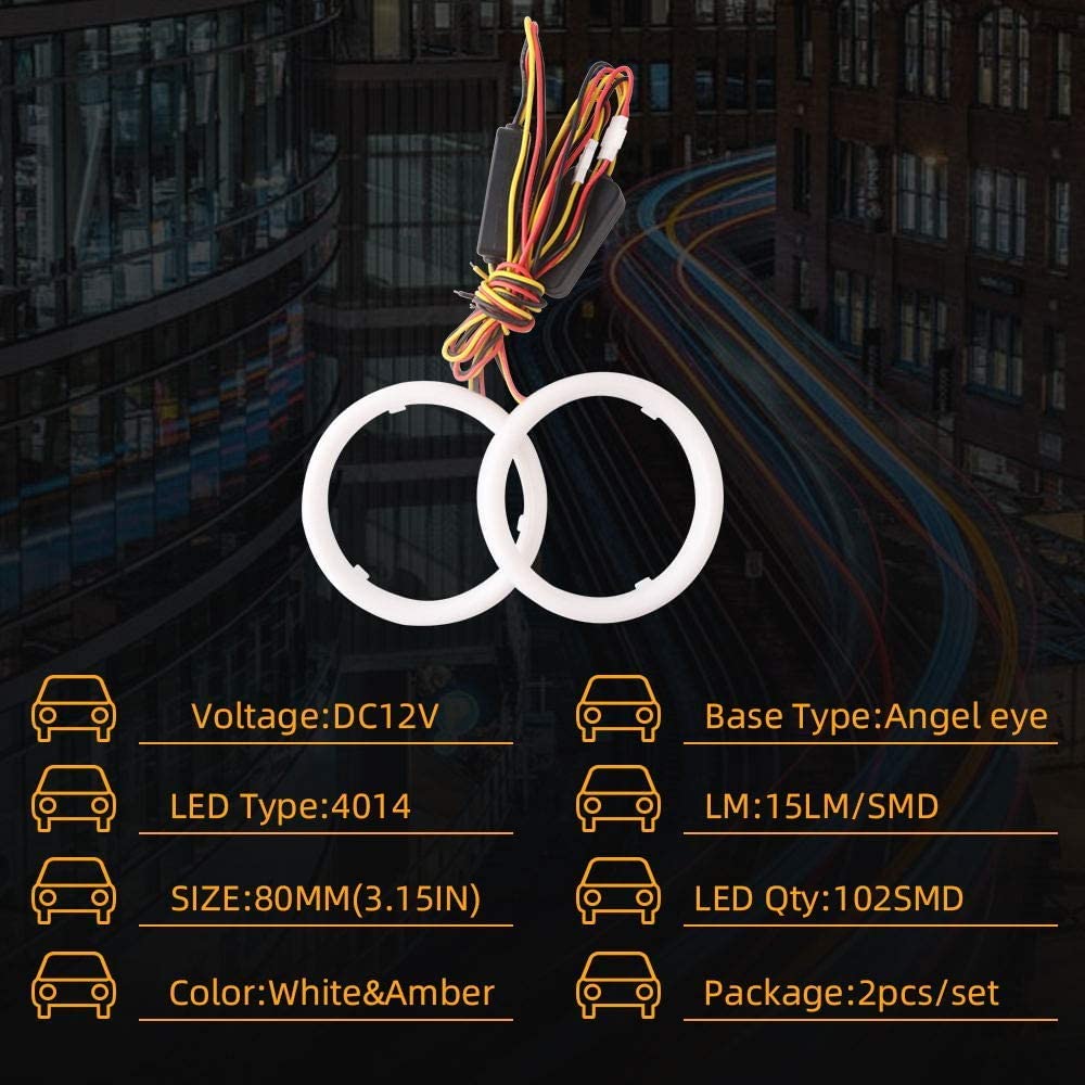 Qasim 1 coppia di LED COB Fari Angel Eyes 80MM 4014 102SMD Bianco+Amber Switchback Anello Halo Occhi d'Angelo Universale per Auto Moto per DRL Faro Fendinebbia DC12V