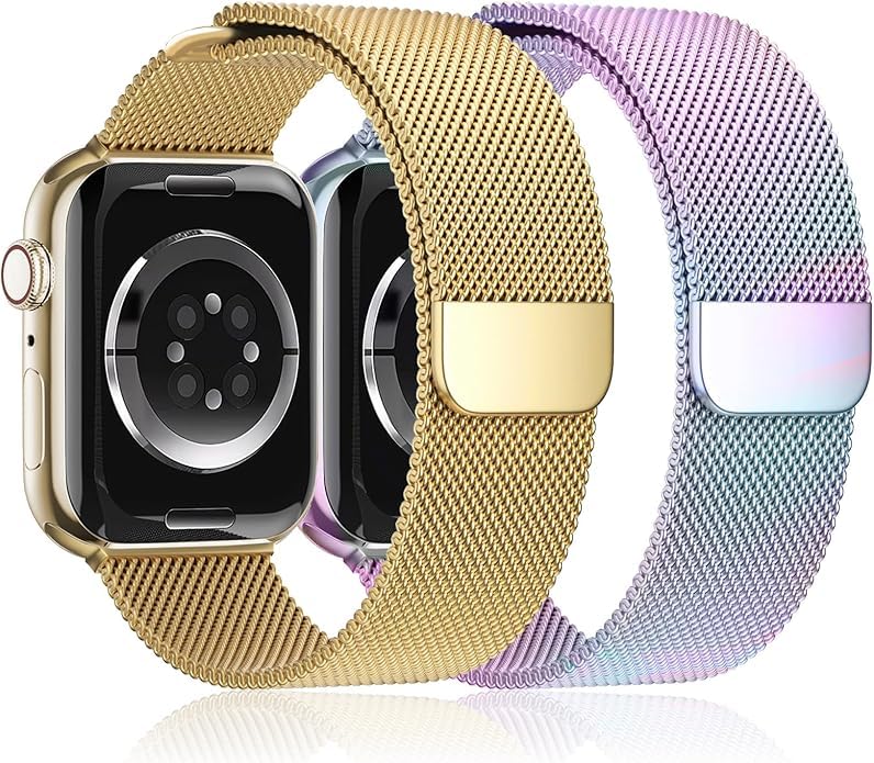 Image of Meyaar Magnetic Loop for Apple Watch Band 46mm 42mm 44mm 45mm 49mm Women Men,Magnet Stainless Steel Mesh Metal Strap for iWatch Ultra /2 Series 10 9 8 7 6 5 4,SE /2nd Generation (Rainbow-Gold)