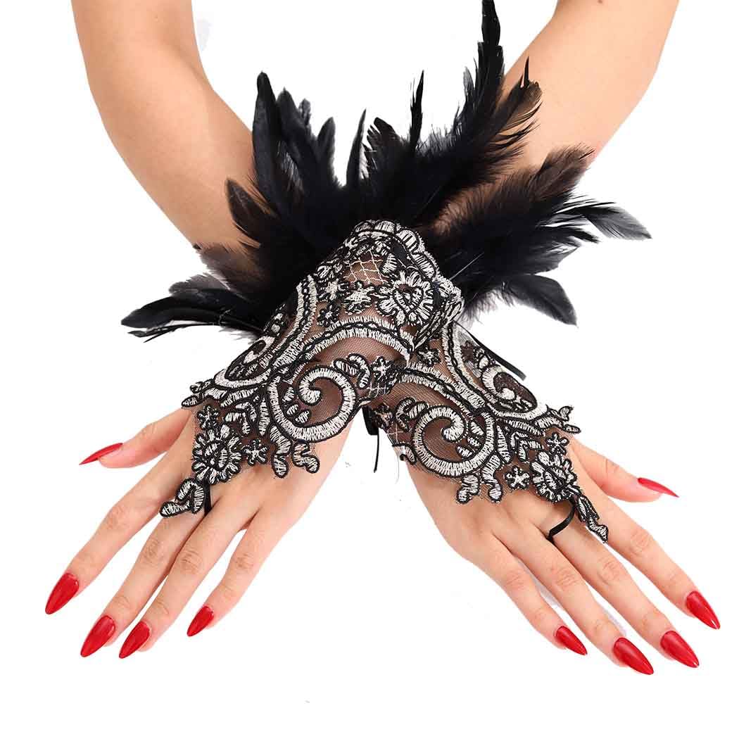 Ursumy Lace Feather Gloves Halloween Costume Gloves Witch Costume Accessories for Women (Silver Feather)