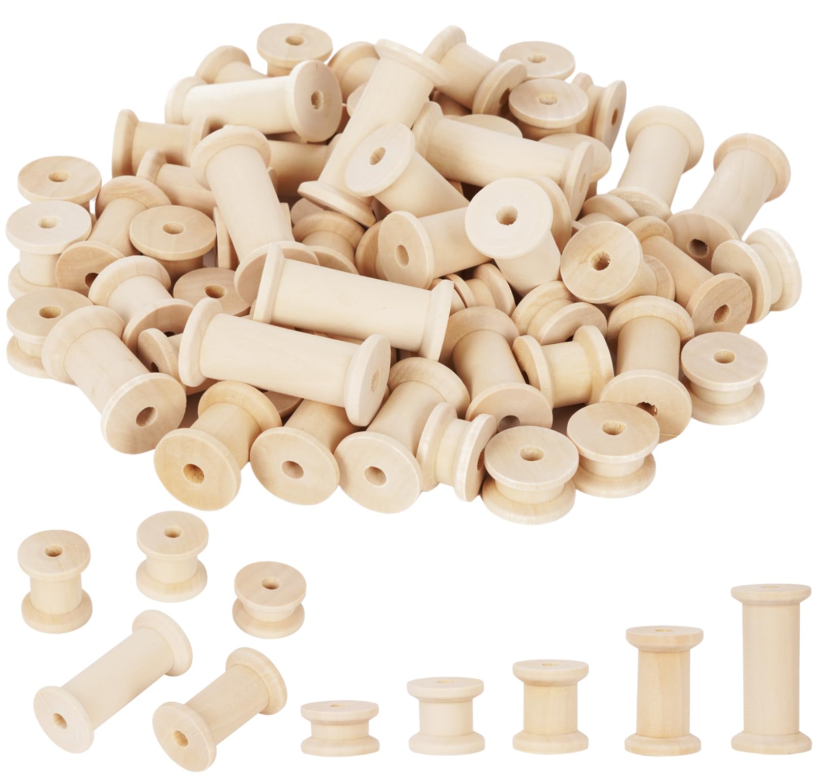 Wooden Cotton Reels for Early Years – 60 Threading Reels & Wooden Spools (15–50mm) for Montessori, EYFS & Loose Parts Play