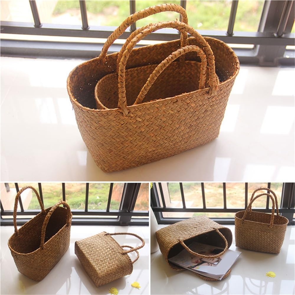 Panier de rangement tissé aux algues jonc de mer naturel vêtements faits à la main panier à linge paille osier rangement rotin pot de fleurs sac de plage (34x14x21cm)