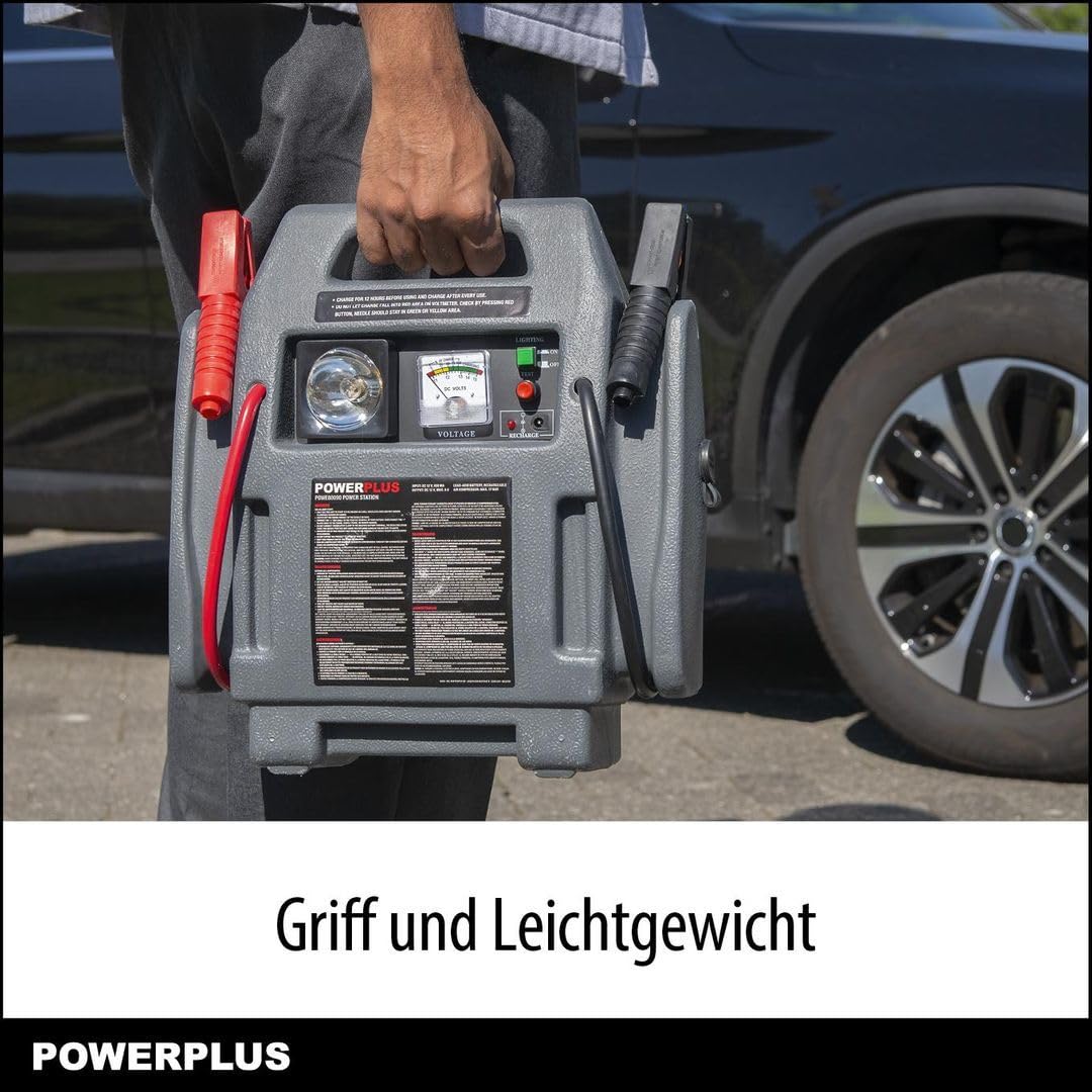 Powerplus POWE80090 zestaw wspomagający rozruch akumulatora samochodowego – Powerstation jako zestaw do pomocy w przypadku awarii akumulatora samochodowego – system szybkiego startu i pomoc przy