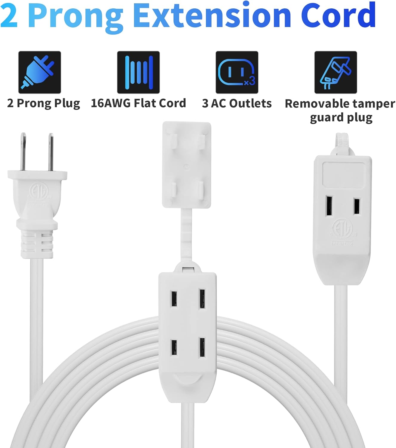 2 Prong Extension Cable 4 FT, Power Cord with 3 Outlets, Flat Multiple Outlet Cable with Tamper Guard, ETL Listed, Outlet Saver, OFC, 16 Gauge Wire, 13A/125V, White Cable with 25 Pcs Ties