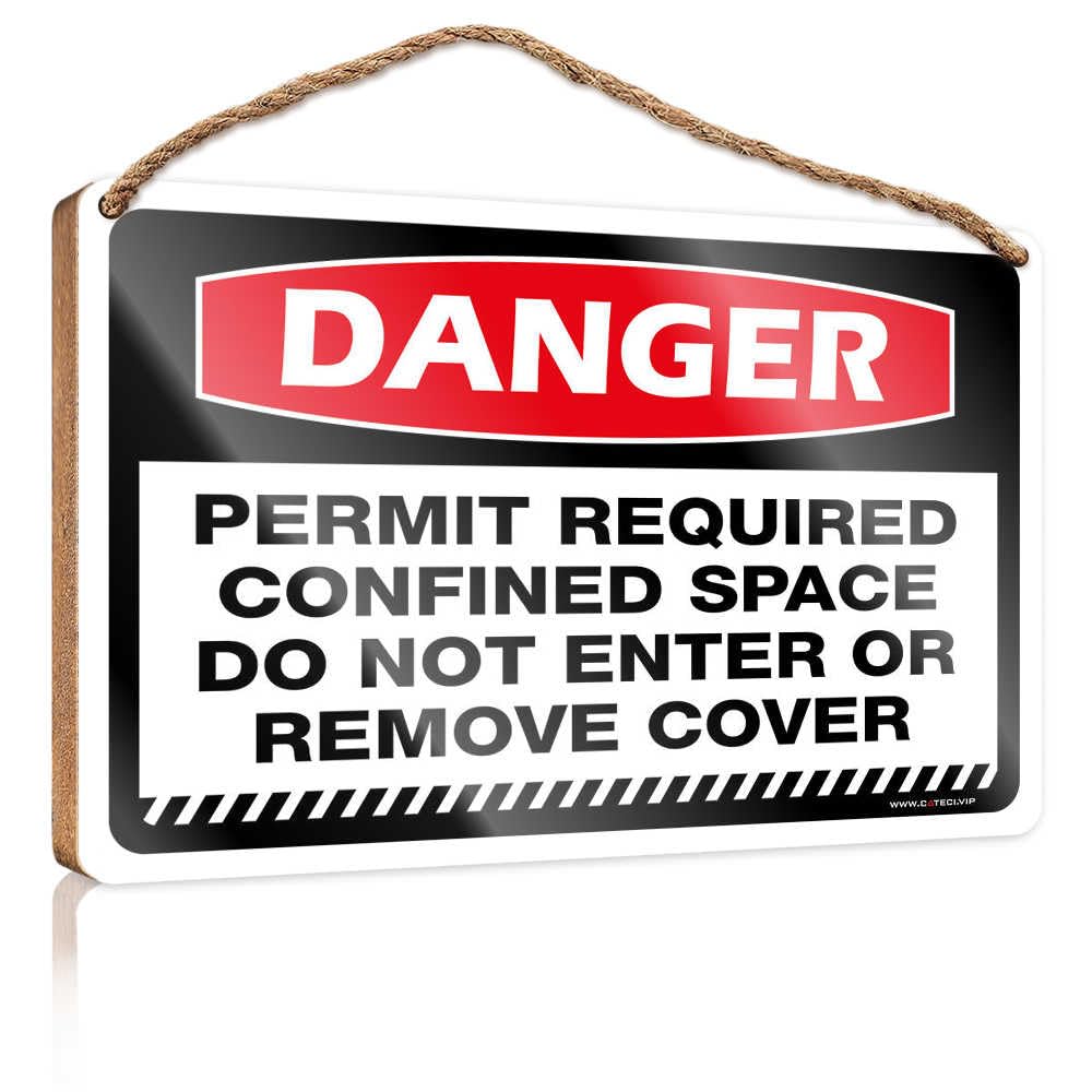 HMQW Front Door Decor Danger Permit Required Confined Space Do Not Enter Or Remove Cover Wooden Sign Funny Man Cave Signs Lake House Decor(23X35CM)