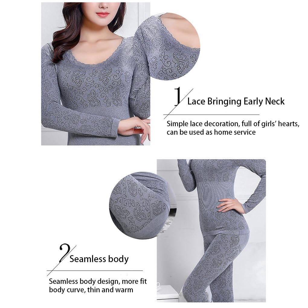 Ropa interior térmica elástica de encaje para mujer, de manga larga, sin costuras, ropa cálida para mujer, pijama rojo