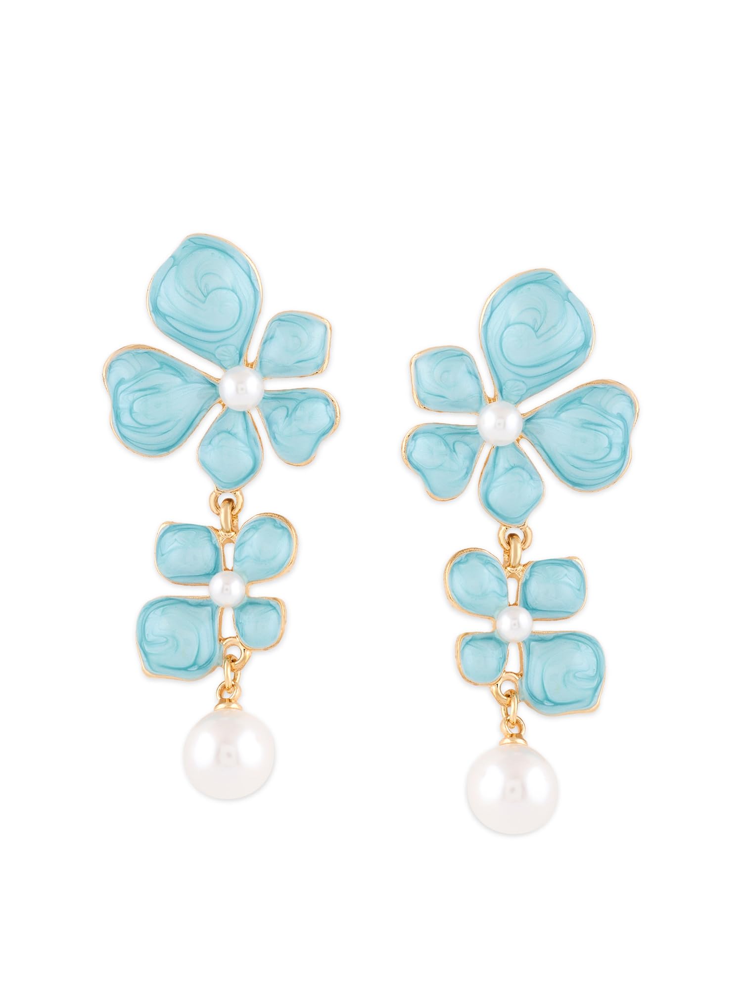 Turquoise Blue Enamelling Flowers Contemporary Pearl Dangle Earring For Women-ZPFK21861-image-26