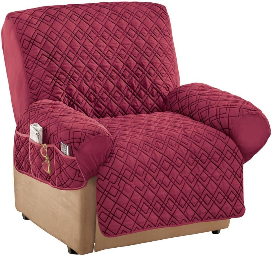 Collections Etc Diamond-Shape Quilted Stretch Recliner Cover with Storage Pockets and Elastic Straps - Furniture Protector, Burgundy, Recliner