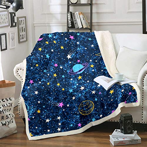 Loussiesd 3D Galaxy Sherpa Blanket Kids Boys Outer Space Theme Fleece Throw Blanket Cartoon Planets Stars Plush Blanket Universe Starry Sky Fuzzy Blanket for Sofa Bed Couch Baby 30x40 Inch