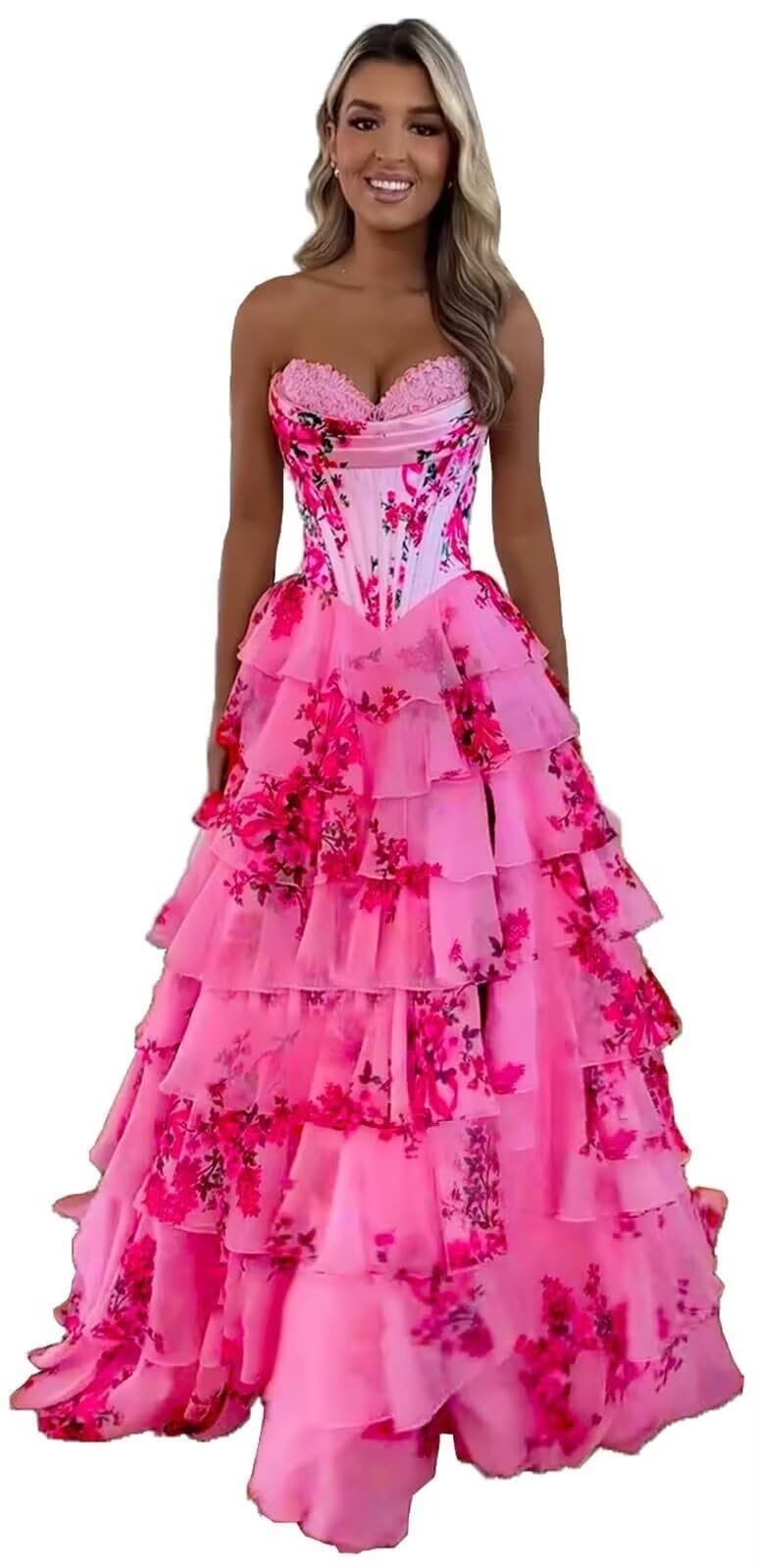 Floral Print Tiered Prom Dresses Long Ball Gown 2025 Strapless Tulle Lace Formal Evening Gowns with Slit