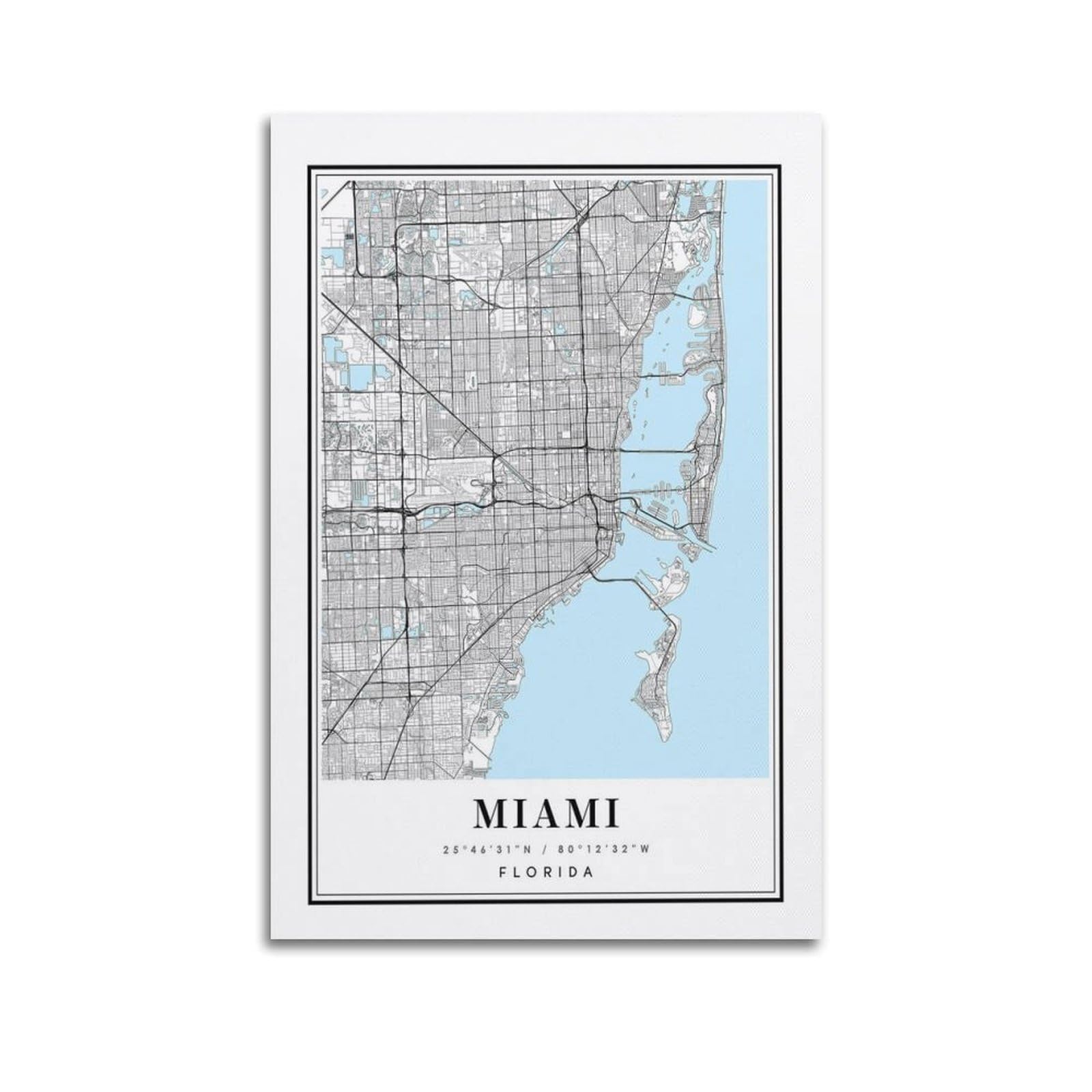 xiaoxiaoshen Miami Florida Map Canvas Poster Wall Art Prints Room Aesthetic Murals Bedroom And Living Decorations 20x30inch(50x75cm)