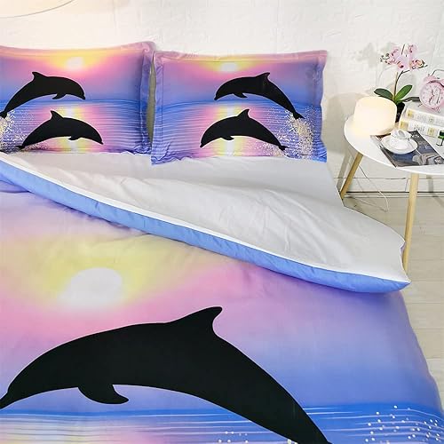 Miniatura 7 de Juego de cama de 3 piezas para niños, lindo juego de funda de edredón con estampado de delfines 3D, fundas de almohada para niños y niñas, juego de