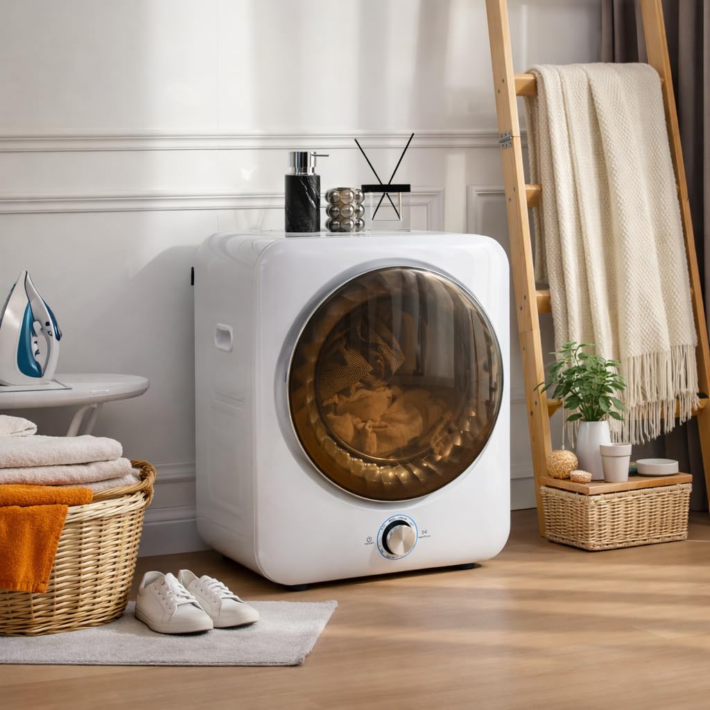 Merax Mini asciugatrice da 3 kg, 1350 W, con 8 programmi e sensore NTC, 65 dB, silenzioso, montaggio a parete, doppio filtro senza materiale di consumo, 53,5 × 42 × 65 cm, bianco