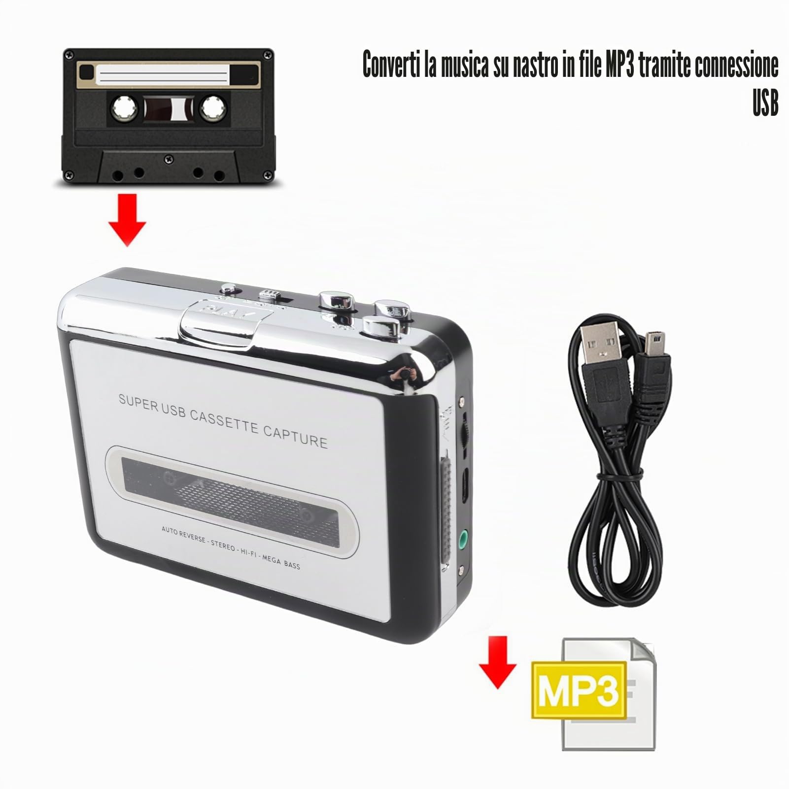 Cattura convertitore da Cassette a MP3 USB, convertitore di Cassette Lettore di Nastri Digitale Portatile per catturare Cassette Stereo/da Nastro a PC Convertitore di switcher MP3