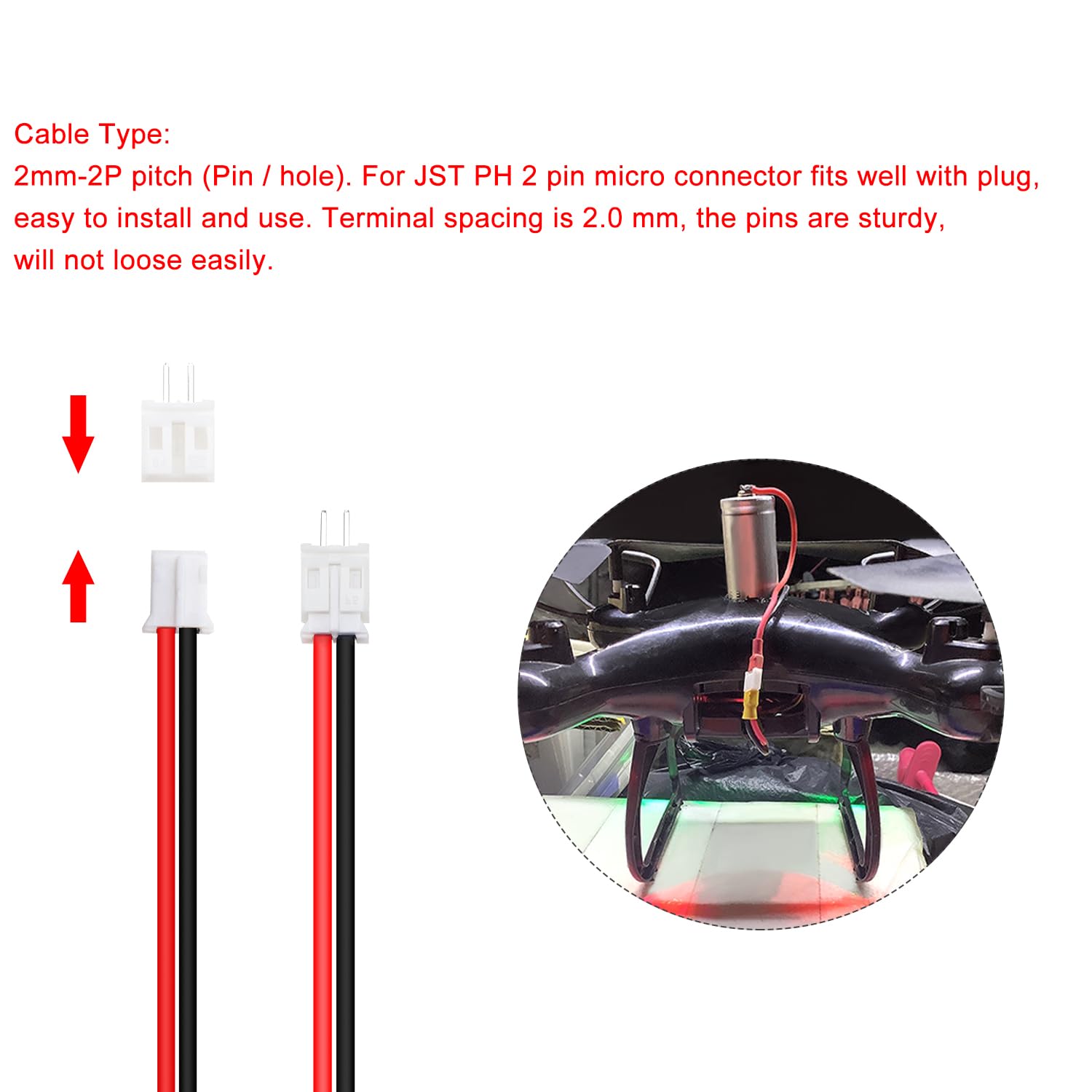Lyeteung 50 Sets Mini Micro JST 2.0 PH 2 Pin Connector Plug Male with 150mm 22AWG Cable & Female Connector (Black Red) - Image 4