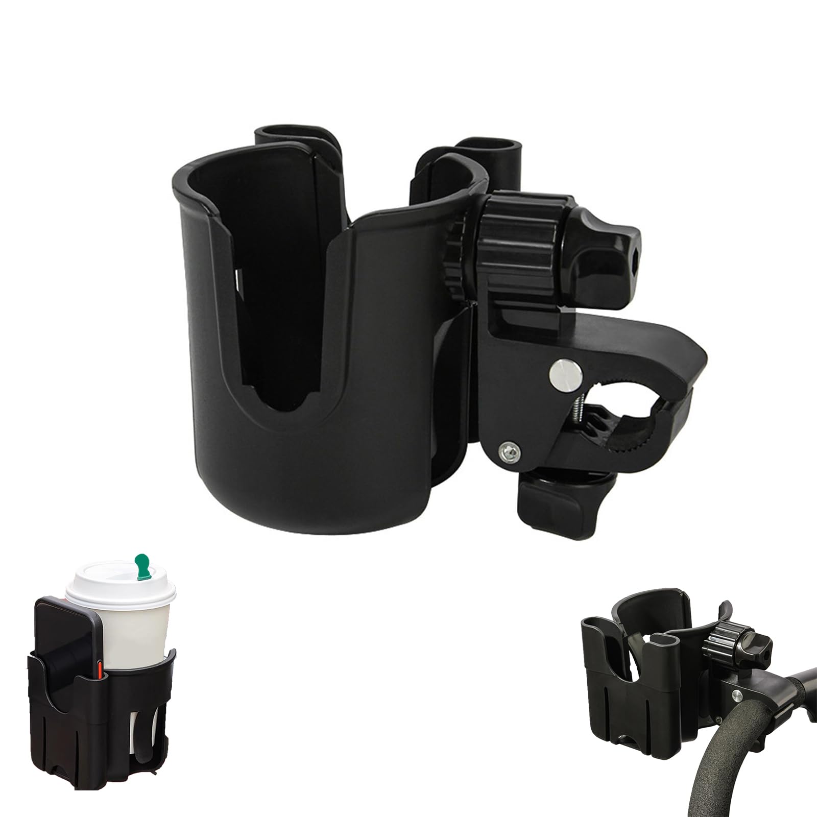 2-in-1 Drink Holder Pushchair Cup Holder, Bottle Holder, Pram Coffee Cup Holder, Drinks Holder with Mobile Phone Holder, Cup Holders, Universal Drink Holder, Bicycle Wheelchair Accessories (1 Piece)
