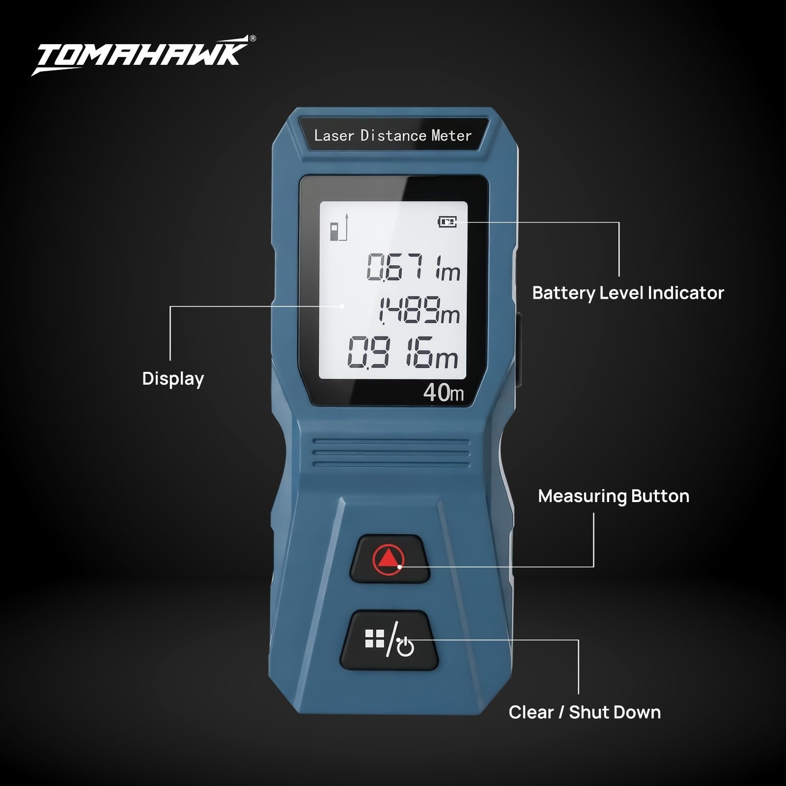 TOMAHAWK® TLM-O-40 Laser Distance Meter Measurer 131Ft/40M with Area, Volume and Pythagoras Measurement - Water and Dust Resistant Laser Measuring Device with Backlit LCD, Battery Included 1