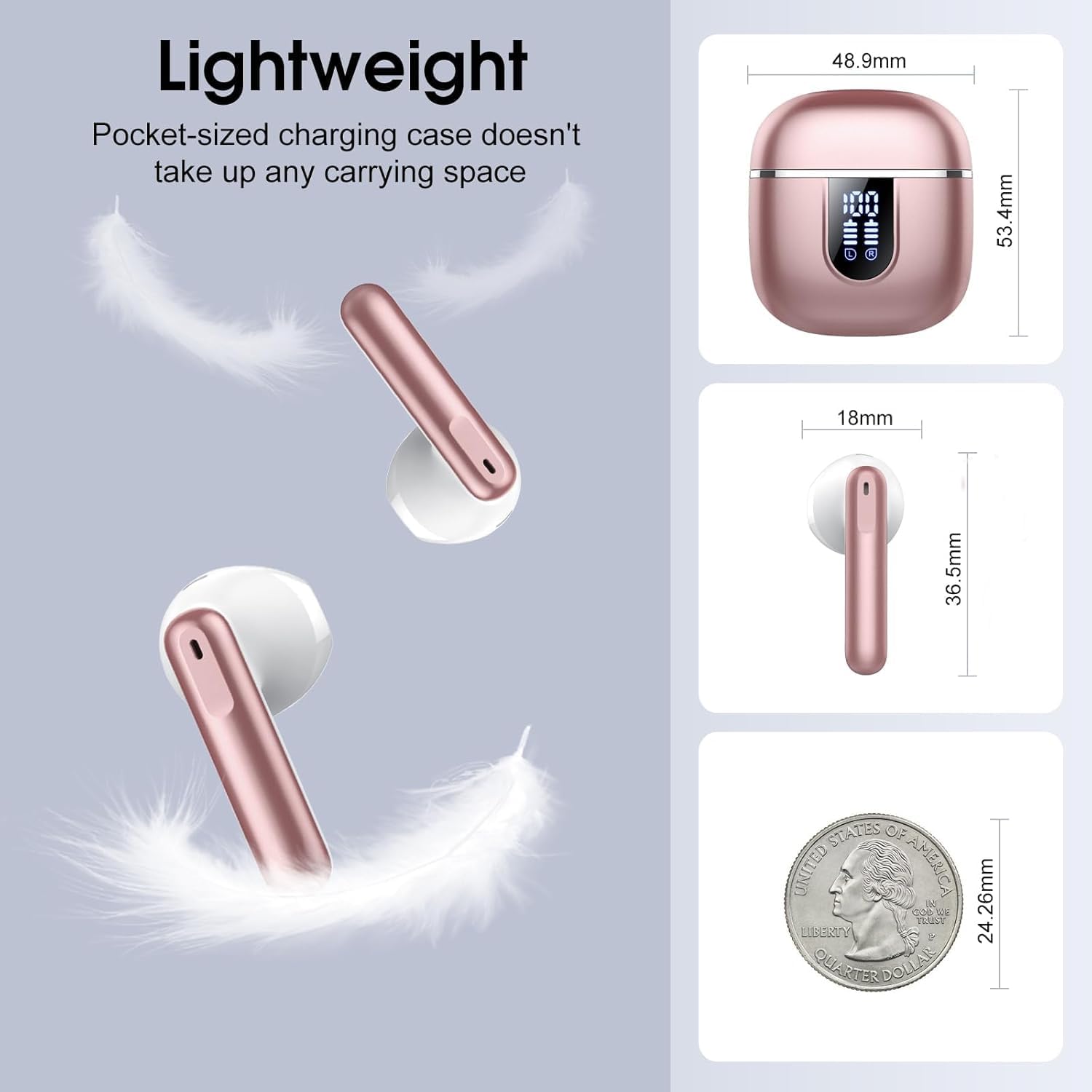 Auriculares inalámbricos, Bluetooth 5.4 con 4 micrófonos ENC HD inmersivos, cancelación de ruido, 40 horas de autonomía, USB-C, certificación IP7, para Android/iOS, control táctil, LED (oro rosa)