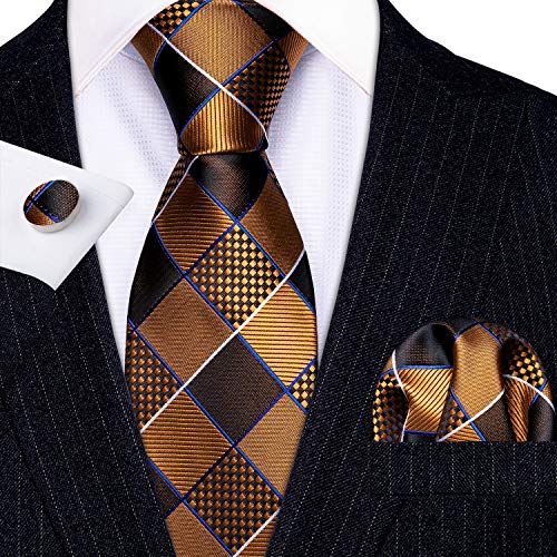 Image of Barry.Wang Plaid Ties Check Mens Necktie Set with Handkerchief Cufflinks Classic Stripe