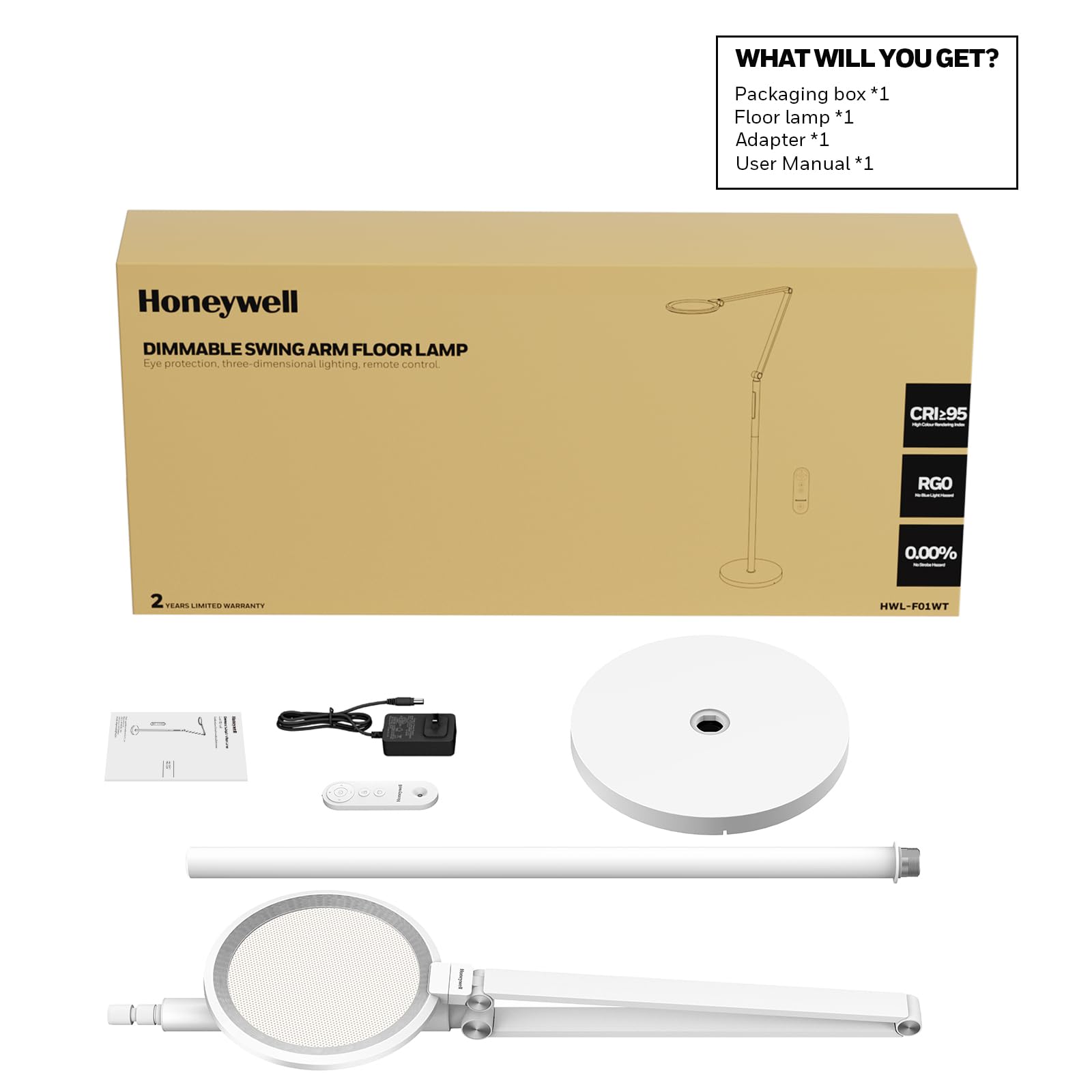 Honeywell Lámpara de pie LED - F01WT Sunturalux Luz de pie regulable para el cuidado de los ojos con control remoto, luz natural, 5 colores y 5 brillos, lámpara de pie alta para oficina en casa
