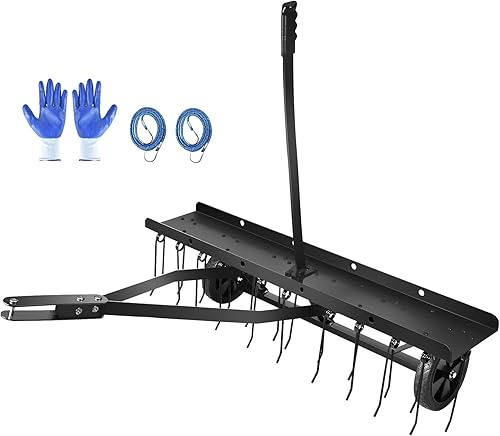 Dethatcher de remolque de 40 pulgadas, con 22 dientes de acero de resorte, rastrillo de tractor con 2 correas de ladrillo de cemento y accesorios