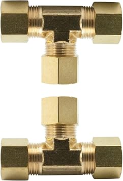 Brass Compression Fitting, Tee Union, 3 Ways Connector, 1/4" Tube OD, Pack of 2