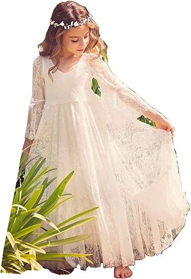 Amazon.com: Luweds Vestido de encaje para niñas con flores hasta el  tobillo, para primera comunión, vestido de princesa con manga 3/4 : Ropa,  Zapatos y Joyería