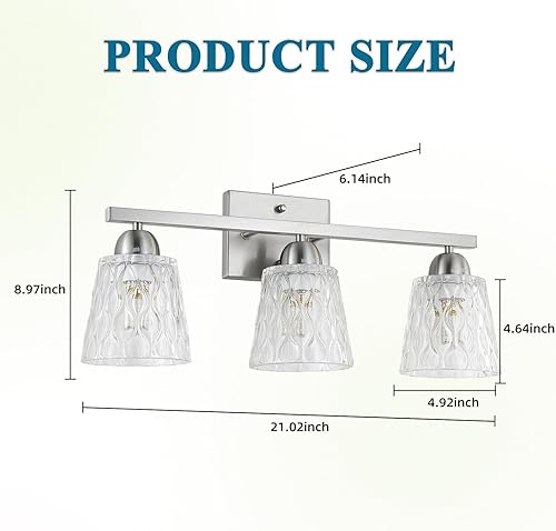 Miniatura 5 de Lámpara de tocador de baño de acero inoxidable sobre el espejo, 3 lámparas de baño de níquel cepillado con pantallas de vidrio texturizado, montaje