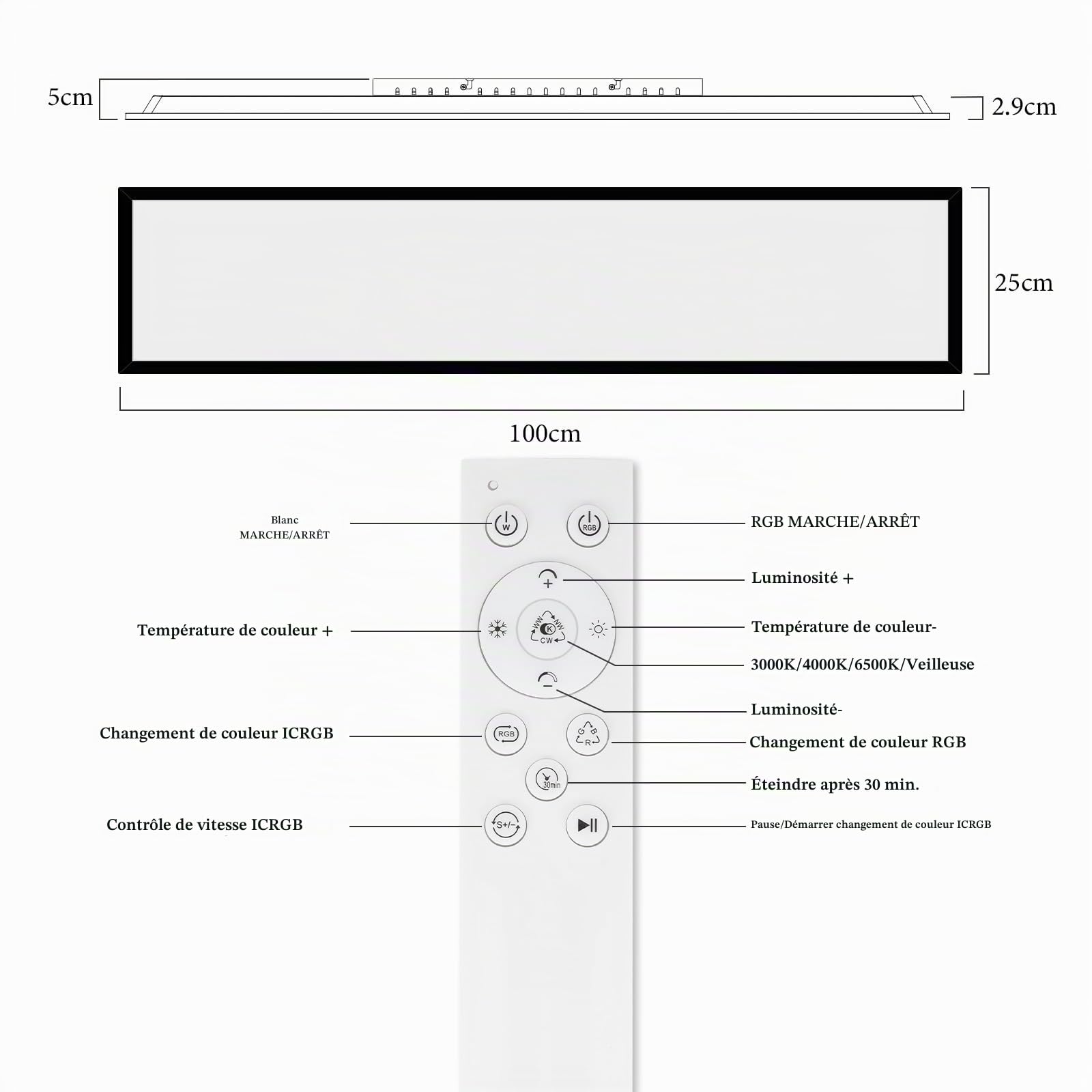 CBJKTX LED Panneau 100x25 Plafonnier plafond à intensité variable RGB