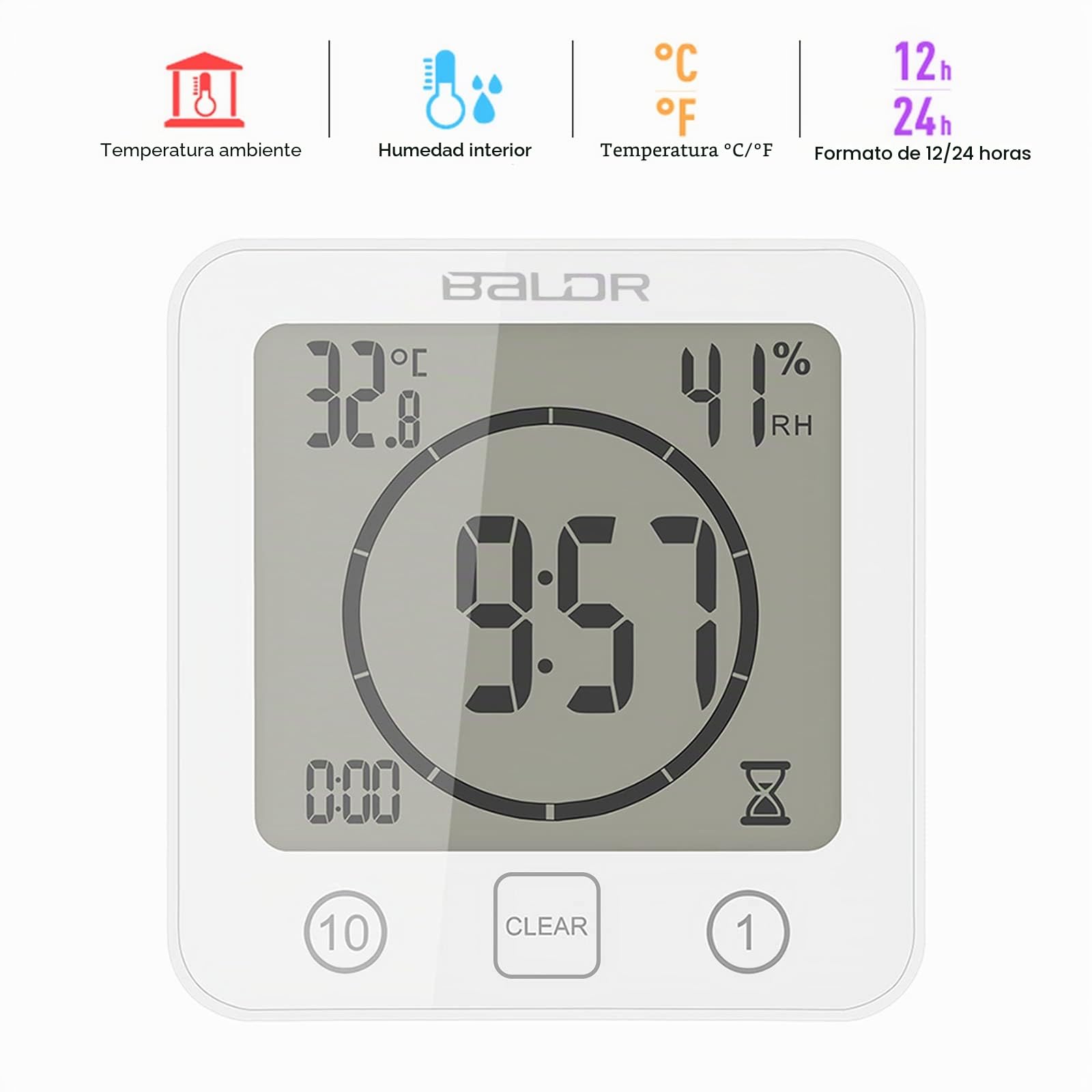 ZONJIE Reloj de baño – Reloj de ducha impermeable para baño, temporizador de ducha digital, reloj de baño con ventosa, indicador de temperatura y humedad, reloj de pared táctil para ducha (blanco)