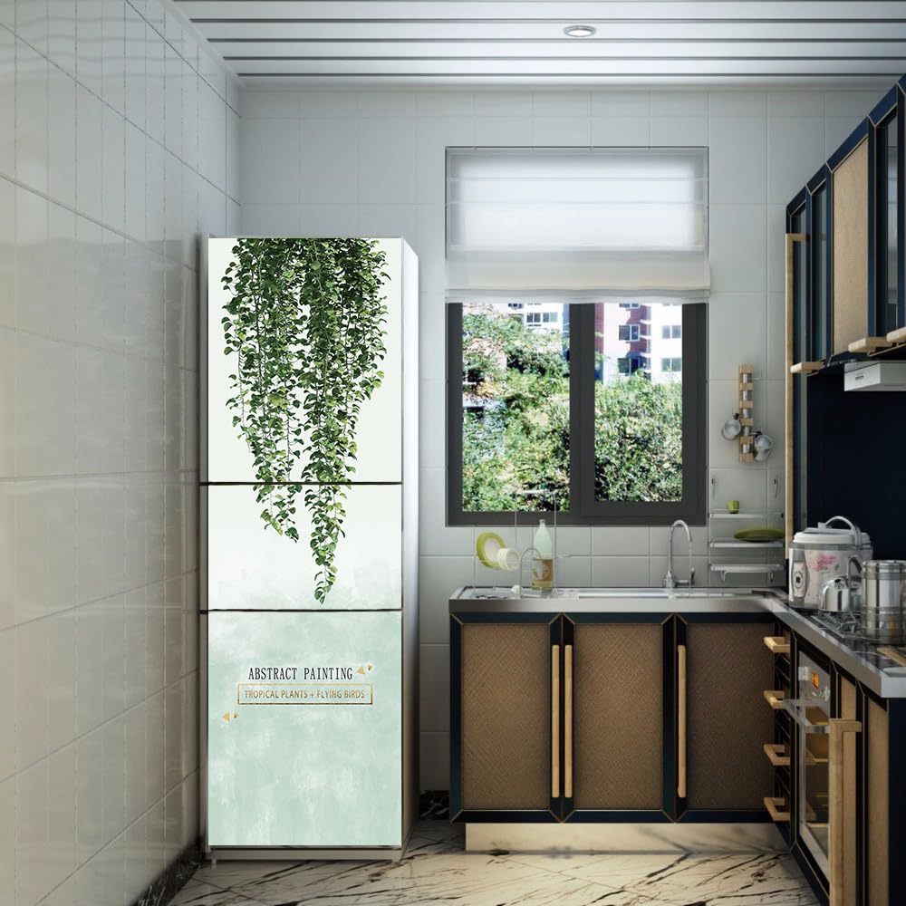 Adesivi per frigorifero decorativi 3d, adesivo per frigorifero che copre completamente la porta del frigorifero copre adesivi murali per decalcomanie da cucina, pianta con foglie verdi