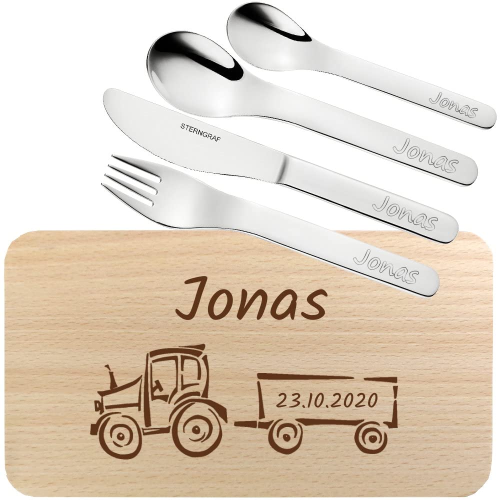 Frühstücks-Set mit Gravur (Name, Datum), Holz Brettchen Buche mit Kinderbesteck, personalisierte Geschenk-Idee zum Geburtstag, Schulanfang, Geburt/Taufe, Trecker Motiv F4