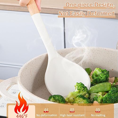 Miniatura 10 de Cucharas de cocina grandes de silicona, cucharas de cocina antiadherentes con mango de madera maciza, cuchara de goma de silicona resistente al