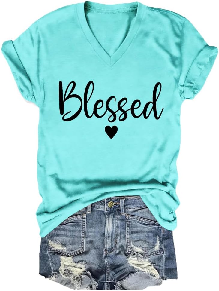 Blessed Shirts Women Cute Heart Graphic Tee V-Neck Short Sleeve Thankful T Shirt Casual Christian Religious Faith Top