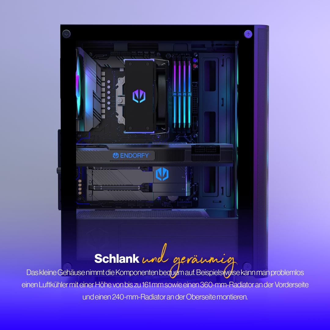 ENDORFY Ventum 200 ARGB PC-Gehäuse ATX mit Hartglas Seitenfenster | 4x Stratus 120 PWM ARGB Lüfter, PWM+ARGB Controller, Mesh Front, Radiator bis 360 mm, Schwarz