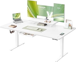 VASAGLE Höhenverstellbarer Schreibtisch, 160 x 80 cm, flexibel montierbarer Monitorständer, Schublade, USB-C-Anschluss, Erinnerung bei langem Sitzen, für Büro, wolkenweiß LSD156WB01