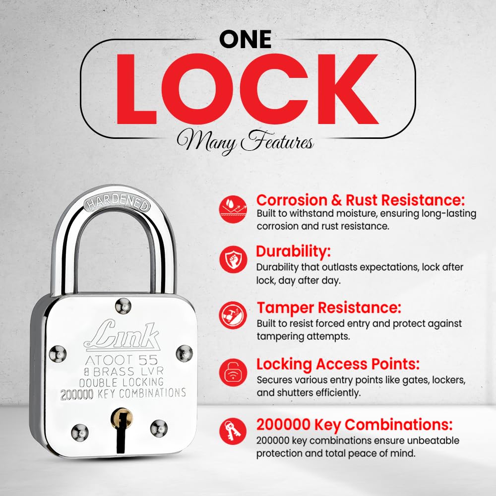 Link Atoot 55mm Padlocks 5Pcs Set | 2 Lakhs Key Combinatiosn | Steel Body | Hardened Shackle | 8 Brass Levers | Made in India | 3 Keys for Each Padlock — Amazon image 2