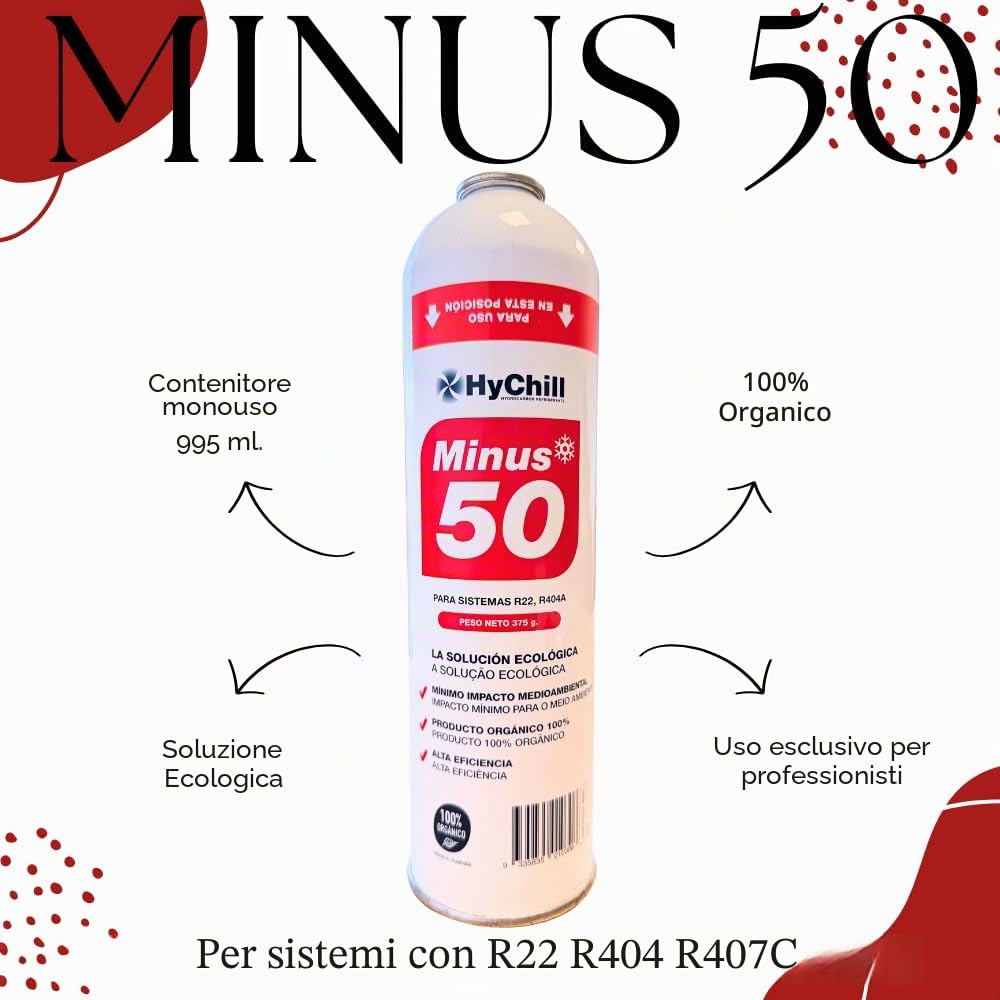 HyChill Minus 50 Gas Refrigerante Ecologico Isobutano - Alternativa Compatibile R22 e R404 - Sostituisce R407 e R502 - Confezione Gas Organico (1 Bottiglia + Valvola)