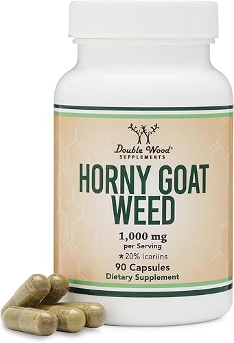 Horny Goat Weed para hombres y mujeres, sin rellenos (fuerza máxima Epimedium Std. hasta 20% de icariinas) 1,000 mg por porción, 90 cápsulas