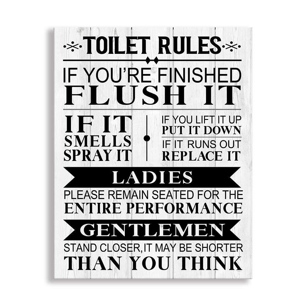 KCDFDVJFBM Rustic Farmhouse Bathroom Sign - Funny Toilet Rules Framed Canvas Art with Wood Background, Powder Room or Guest Bath Decor(Framed,08x12inch(20x30cm))
