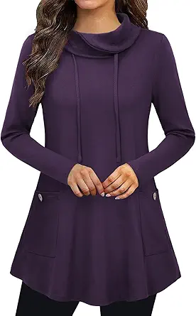 Bulotus Fall Sweaters for Women 2025 Cowl Neck Asymmetrical Long Tunics for Leggings Vacation Travel Tops with Pockets