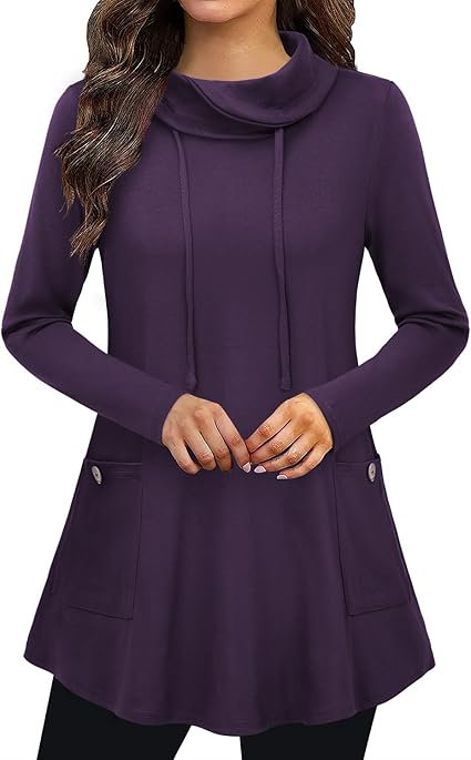 Bulotus Fall Sweaters for Women 2025 Cowl Neck Asymmetrical Long Tunics for Leggings Vacation Travel Tops with Pockets